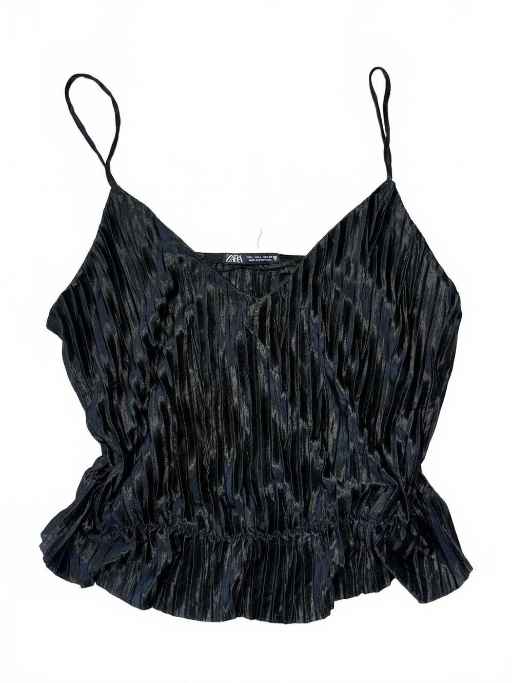 ZARA Pleated Satin Camisole Top Elegant Black L